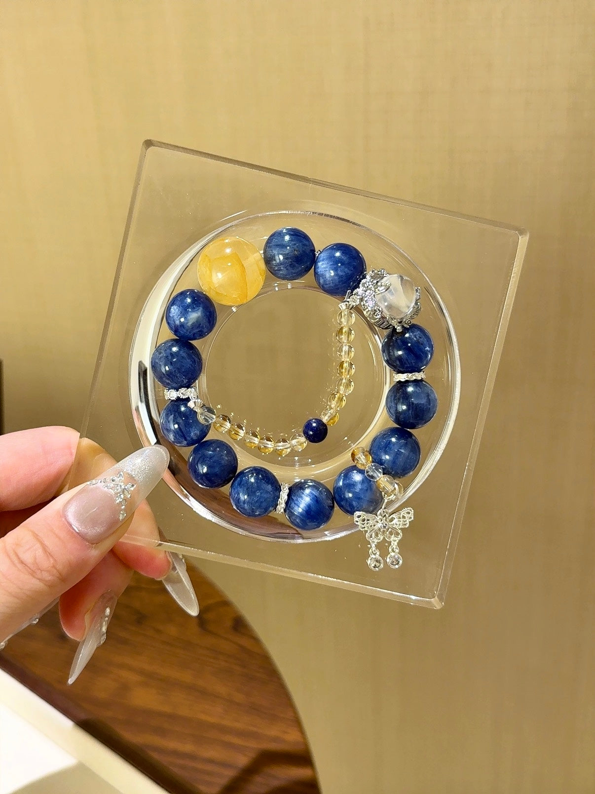 Auspicious elements: Water and Wood Lapis Lazuli Yellow Jasper White Crystal Magic Box Bracelet