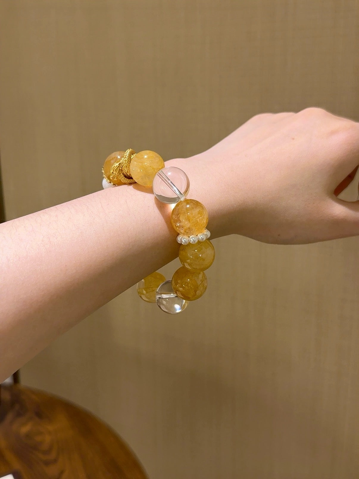 Yellow Phantom Quartz & White Crystal Bead Bracelet