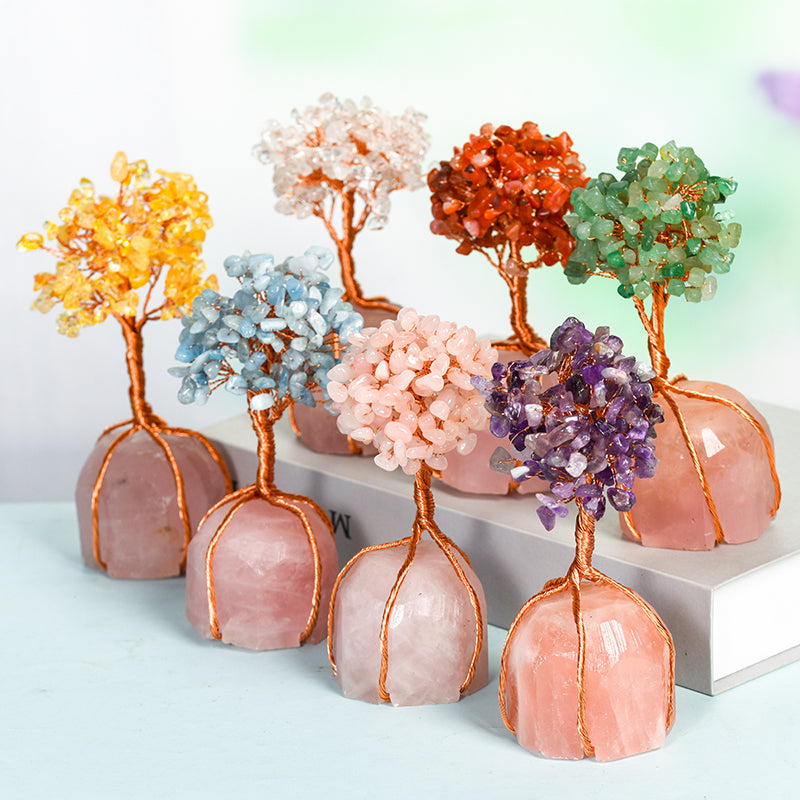 Rose Quartz Base Wire-Wrapped Crystal Tree｜Fortune Tree｜Feng Shui Tree